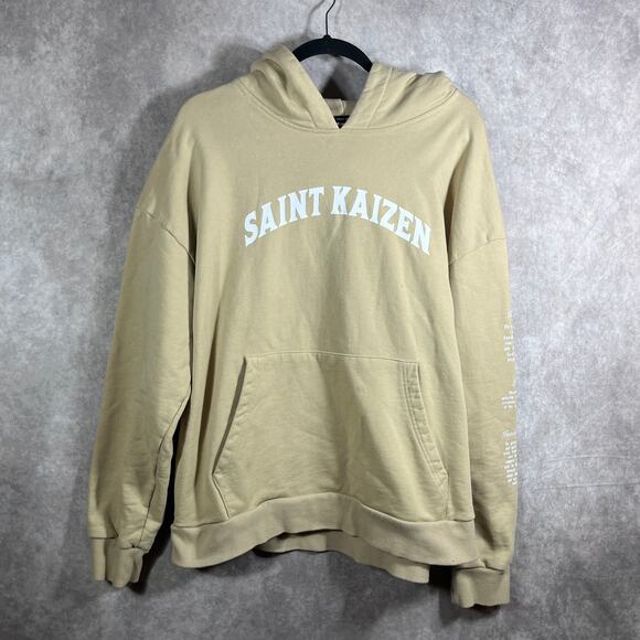 Saint Kaizen Hoodie Sweatshirt Mens Size 2XL Tan Bible Verses Logo Graphic Print - Picture 1 of 14